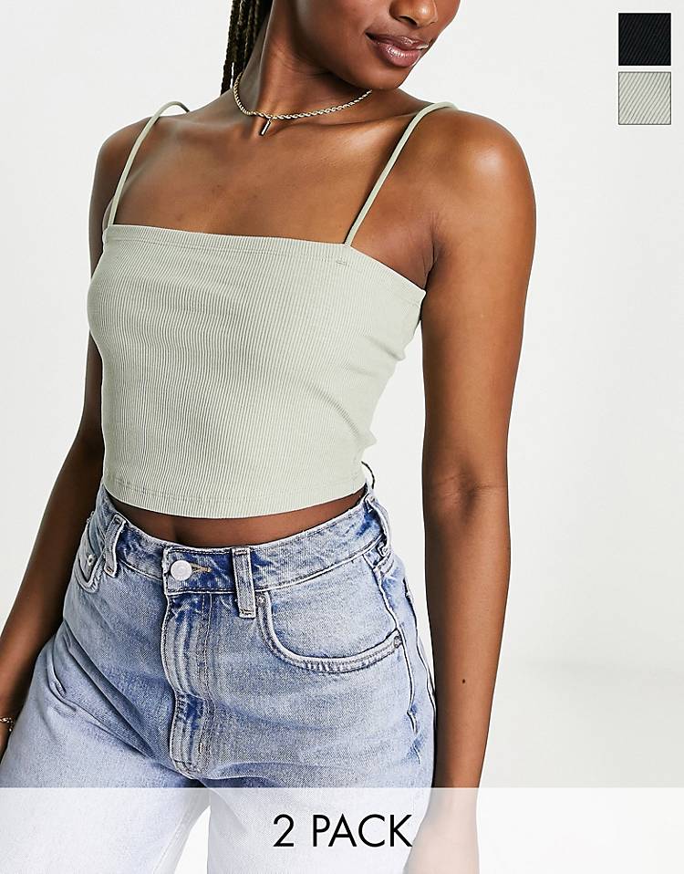 Miss Selfridge 2 pack skinny strap cropped cami in black and sage